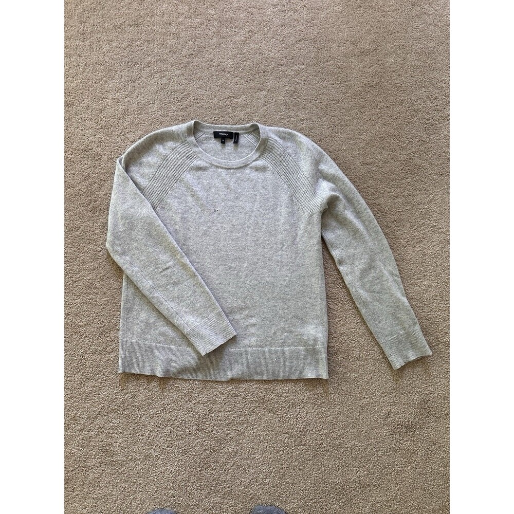 Theory Women's Medium Gray 100% Cashmere Pullover Sweater Ribbed Trim Crewneck